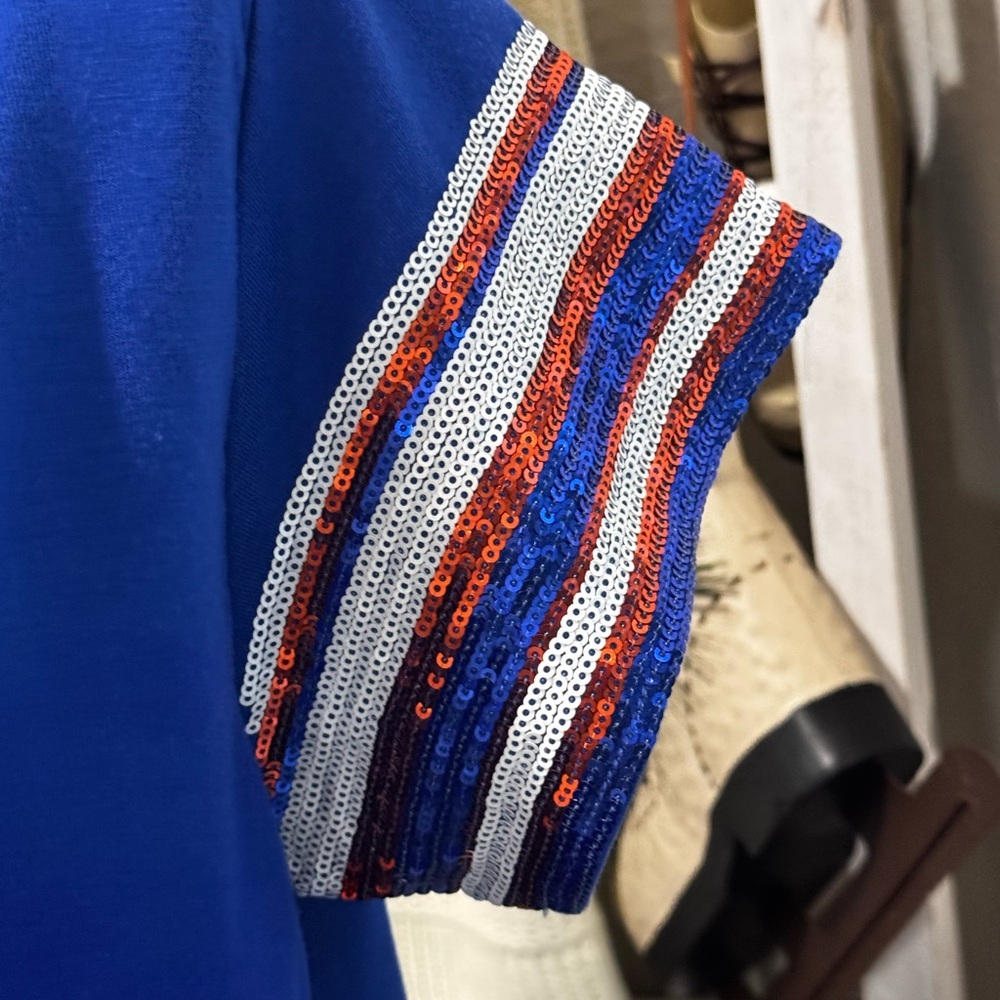 Gameday Blue Orange Sequin Sleeve Top Split Neck XS NWT - Picture 7 of 13